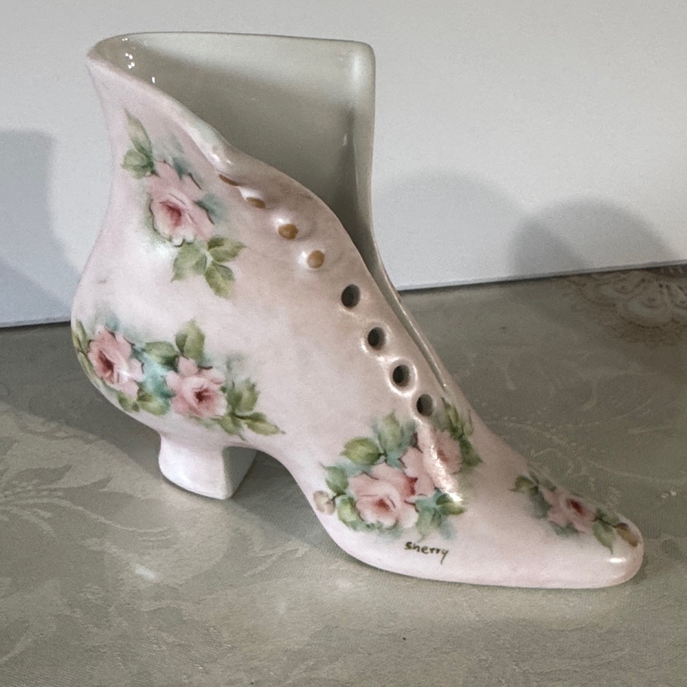 Victorian boot shoe, signed by an artist named "Sherry
